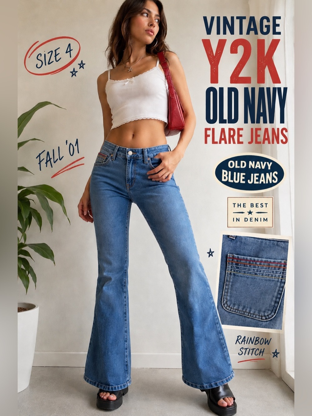 Vintage Y2K Old Navy Flare Jeans Women’s Size 4 Retro Rainbow Stitch Denim